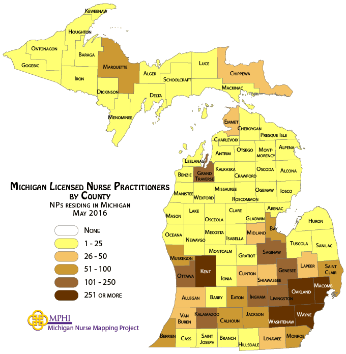 map depicts Michigan's nurse practitioner population by county in 2016
